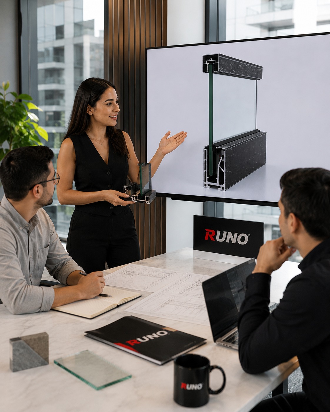 Equipo técnico de RUNO presentando un sistema arquitectónico
